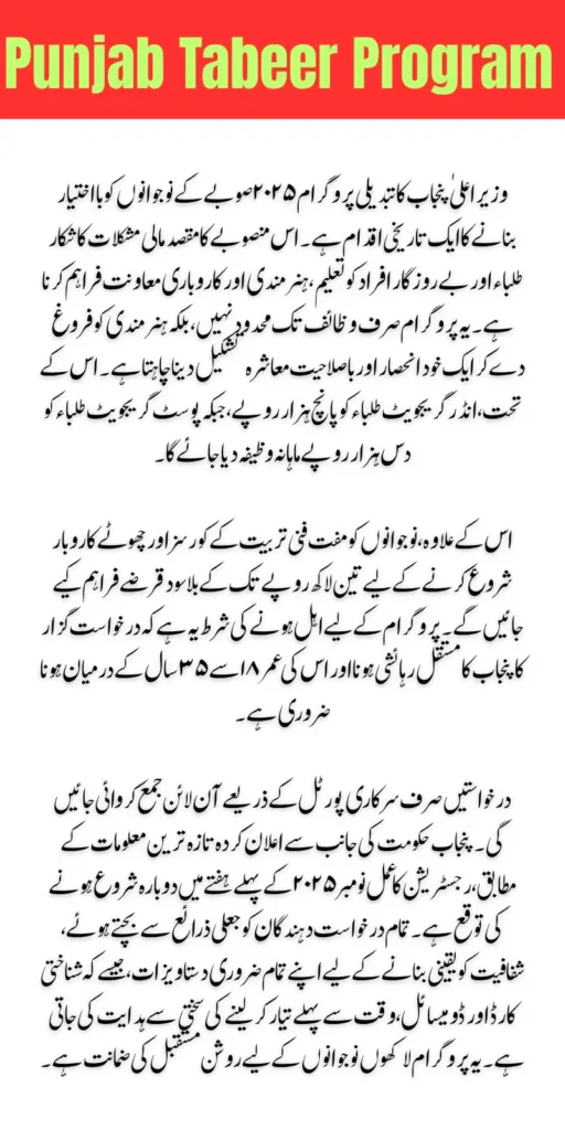 CM Punjab Tabeer Program Apply Online | Complete Details